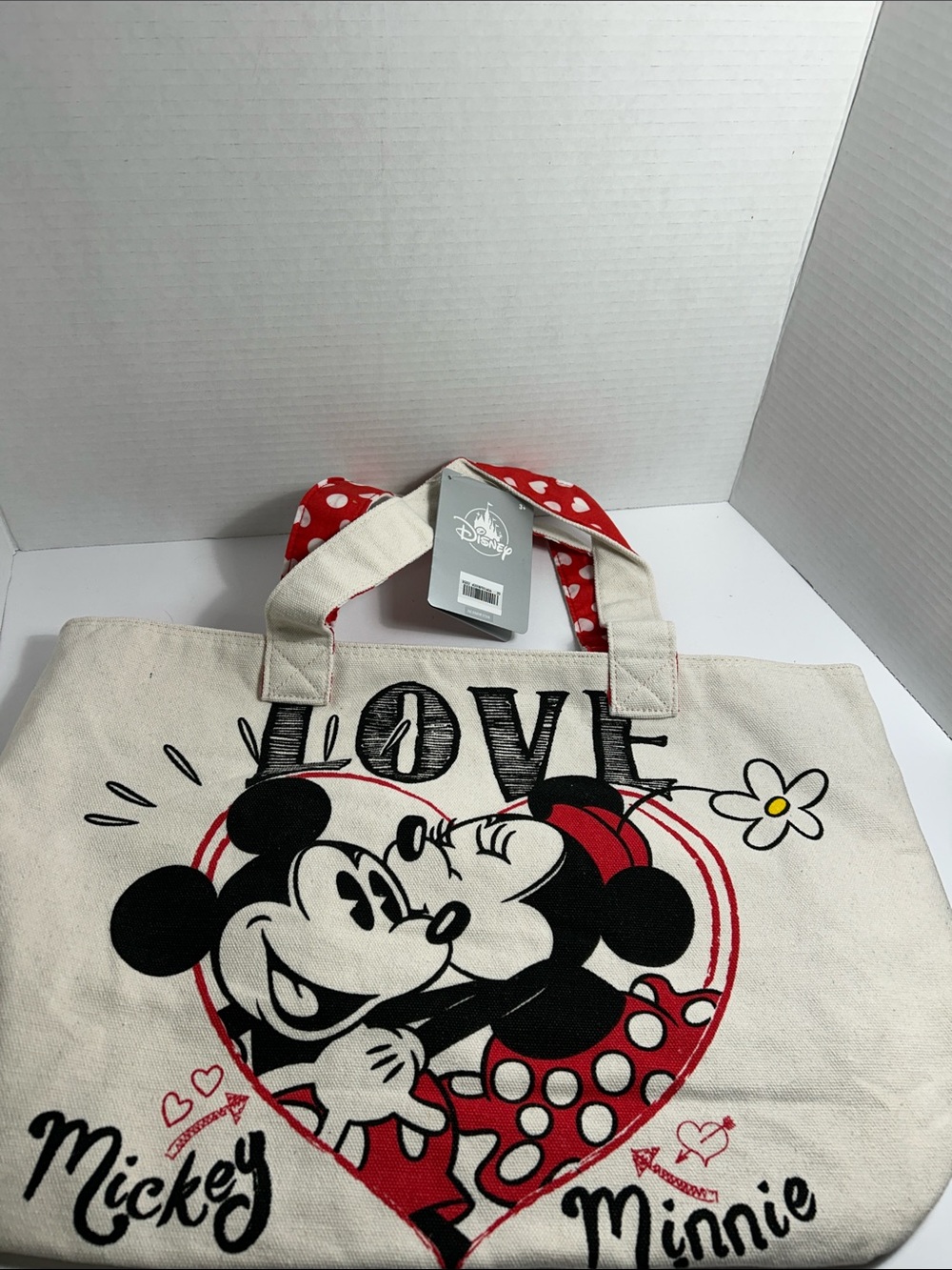 Disney Canvas Tote Bag with Mickey & Minnie – Cream and Red Accents